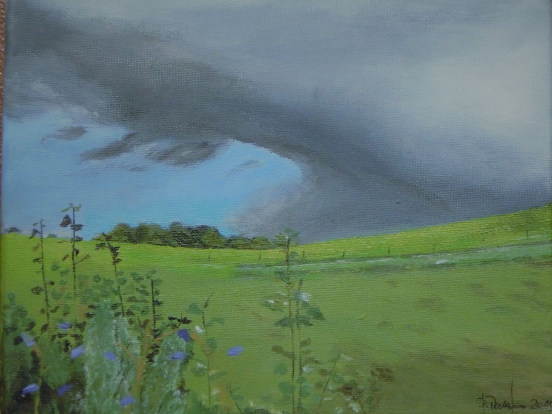 Eine über einem Hügel abziehende Wolkenwand vom Wind getrieben. Der blaue Himmel bricht auf. Sommerliche Wiese mit sanftem Hügeleinschnitt