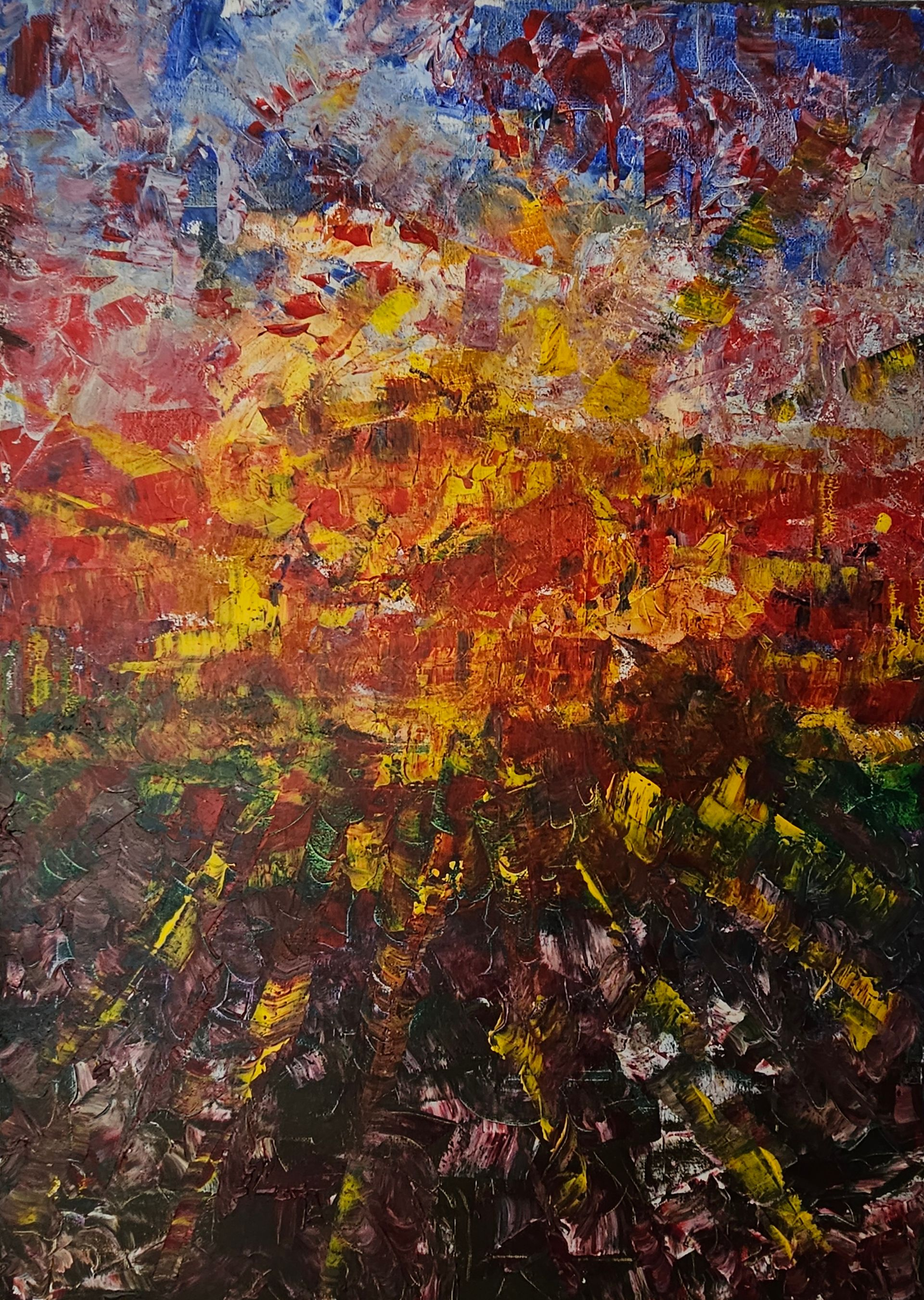 Bunter Spachtelauftrag der eine Explosion andeutet.