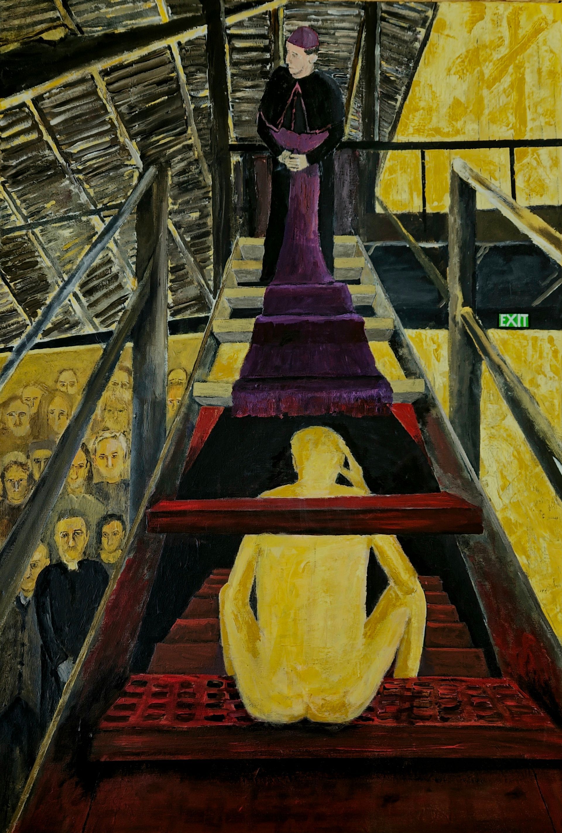 Eine nackte Gestalt sitzt auf einer nach unten führenden Treppe unterhalb einer in einer Robe gehüllten Kardinals, der einen violetten Gürtel trägt.  Er steht auf einer nach oben führenden Treppe und wendet sich dem Kreuz im Fenster ab.Umstehende beobachten das Geschehen teilnahmslos.