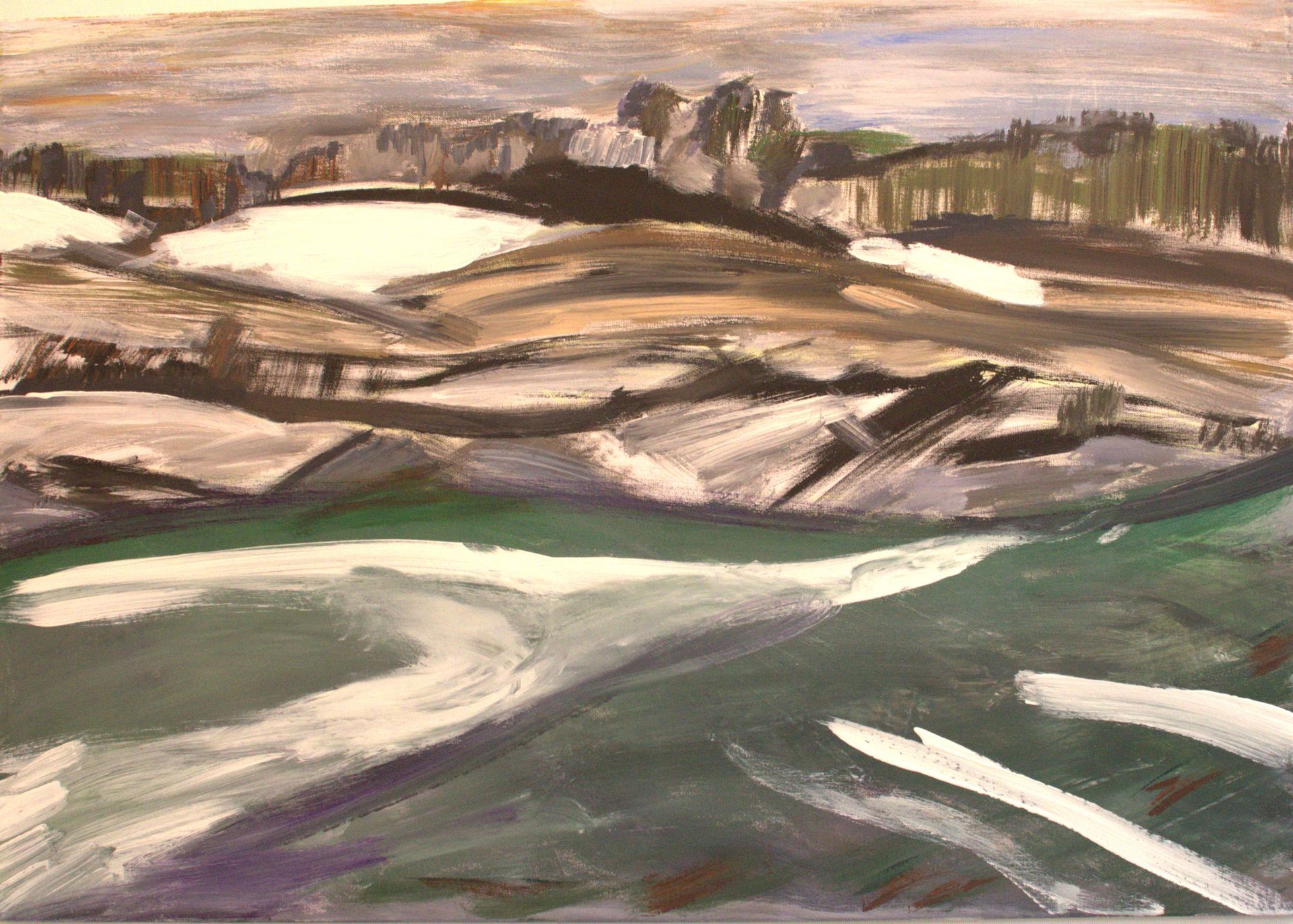 Eine winterliche, teils schneebedeckte Hügellandschaft, die konturenhaft mit wenigen Farben und offenen Pinselstrichen dargestellt ist und einen tifen Blick erlaubt.