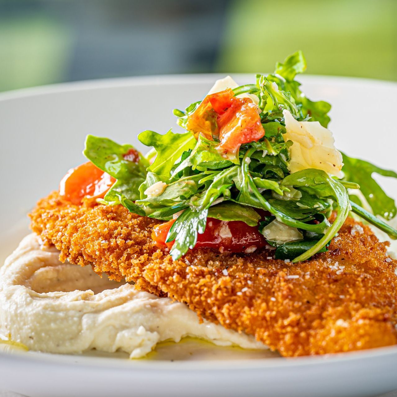 A close up of a plate of food with a salad on top.