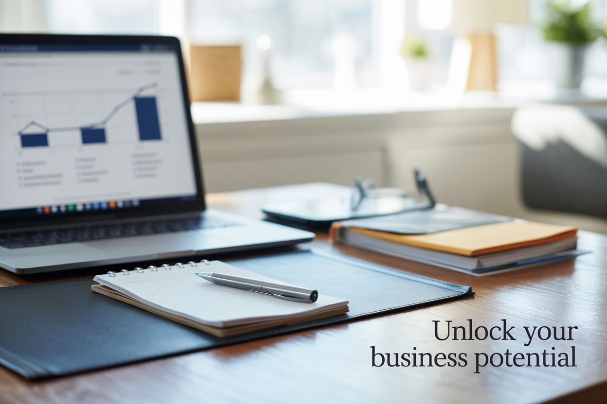 Laptop displaying business charts on a desk with a notebook, pen, and glasses, near a window. 