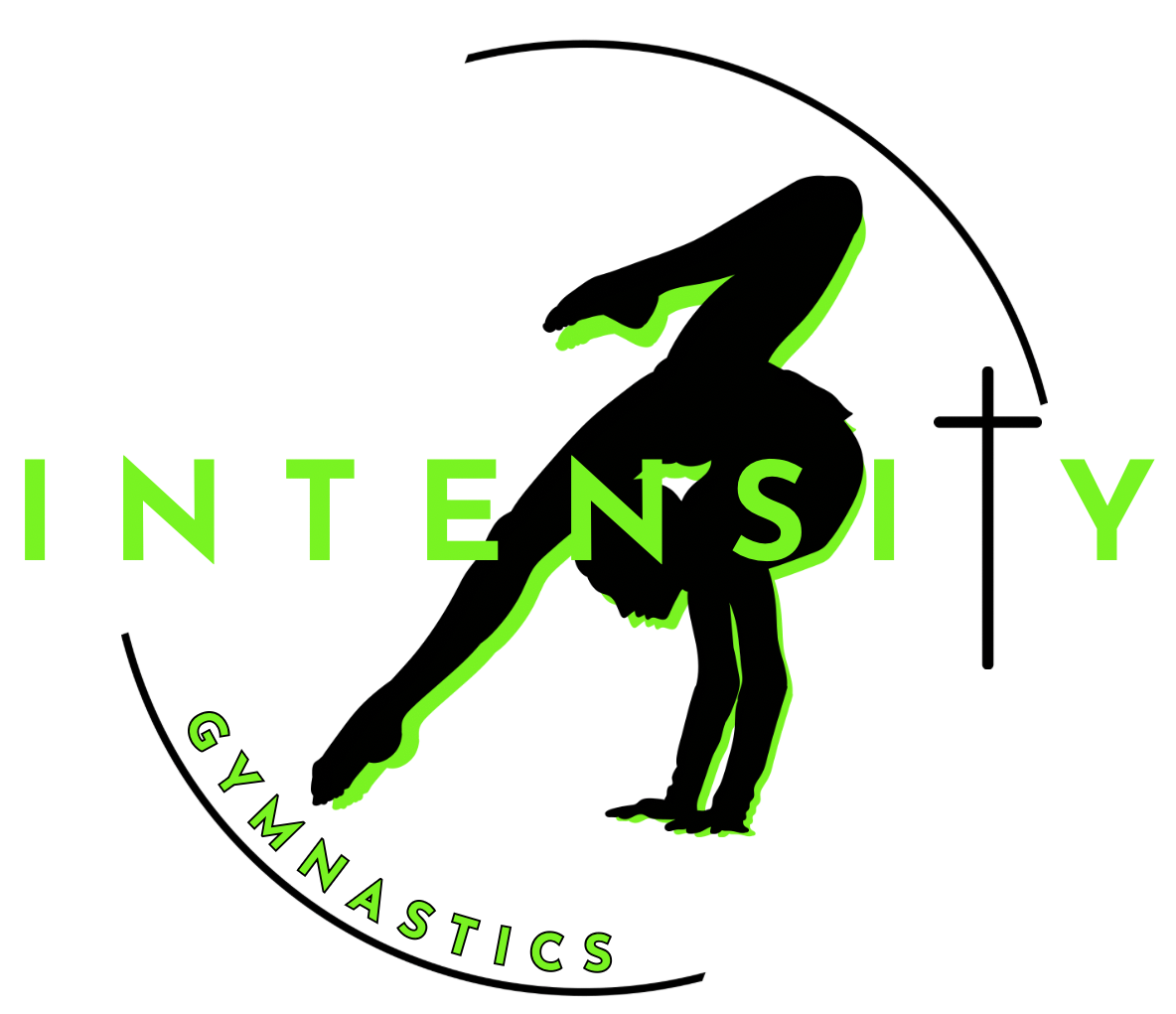 A logo for intensity gymnastics with a silhouette of a person doing a handstand
