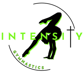 A logo for intensity gymnastics with a silhouette of a person doing a handstand