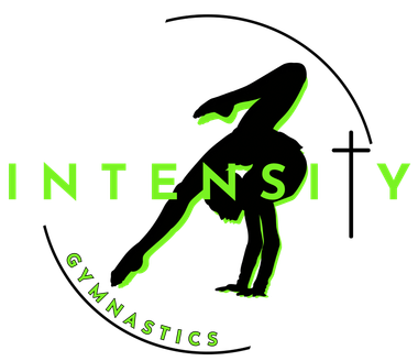 A logo for intensity gymnastics with a silhouette of a person doing a handstand