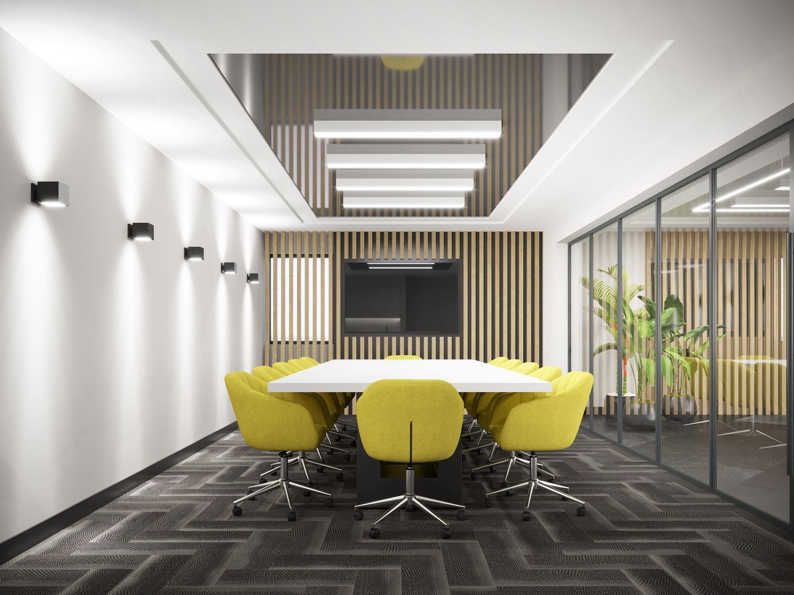 Office room with white table and yellow chairs