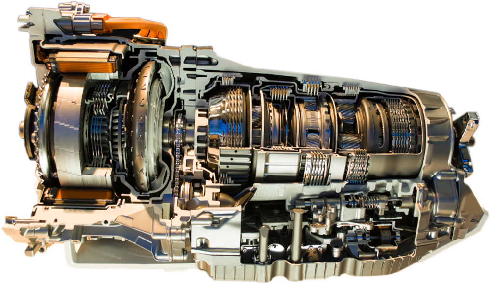 Cutaway view of an automatic transmission, showing internal gears, clutch packs, and hydraulic components.