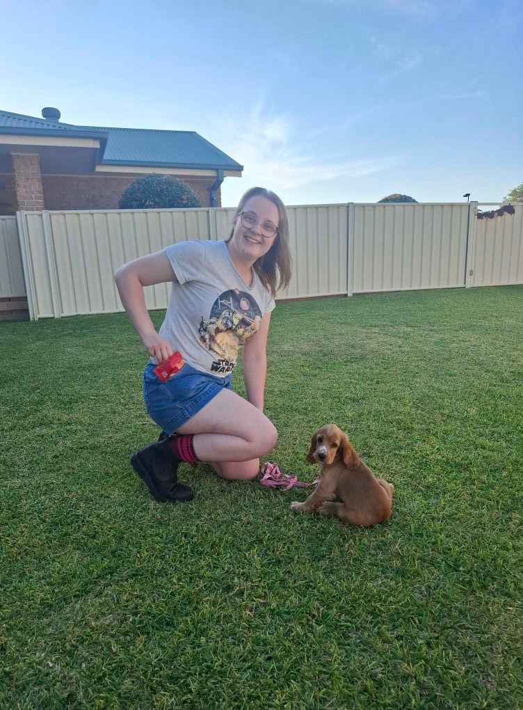 Woman Kneeling With a Brown Labrador Dog on a Brick Porch — Amanda's Professional K9 Training In Forster, NSW