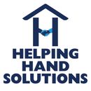 A dark blue logo with a house roof shape, incorporating two arms shaking hands in the center, above the text "HELPING HAND".