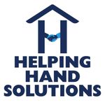 A dark blue logo with a house roof shape, incorporating two arms shaking hands in the center, above the text "HELPING HAND".