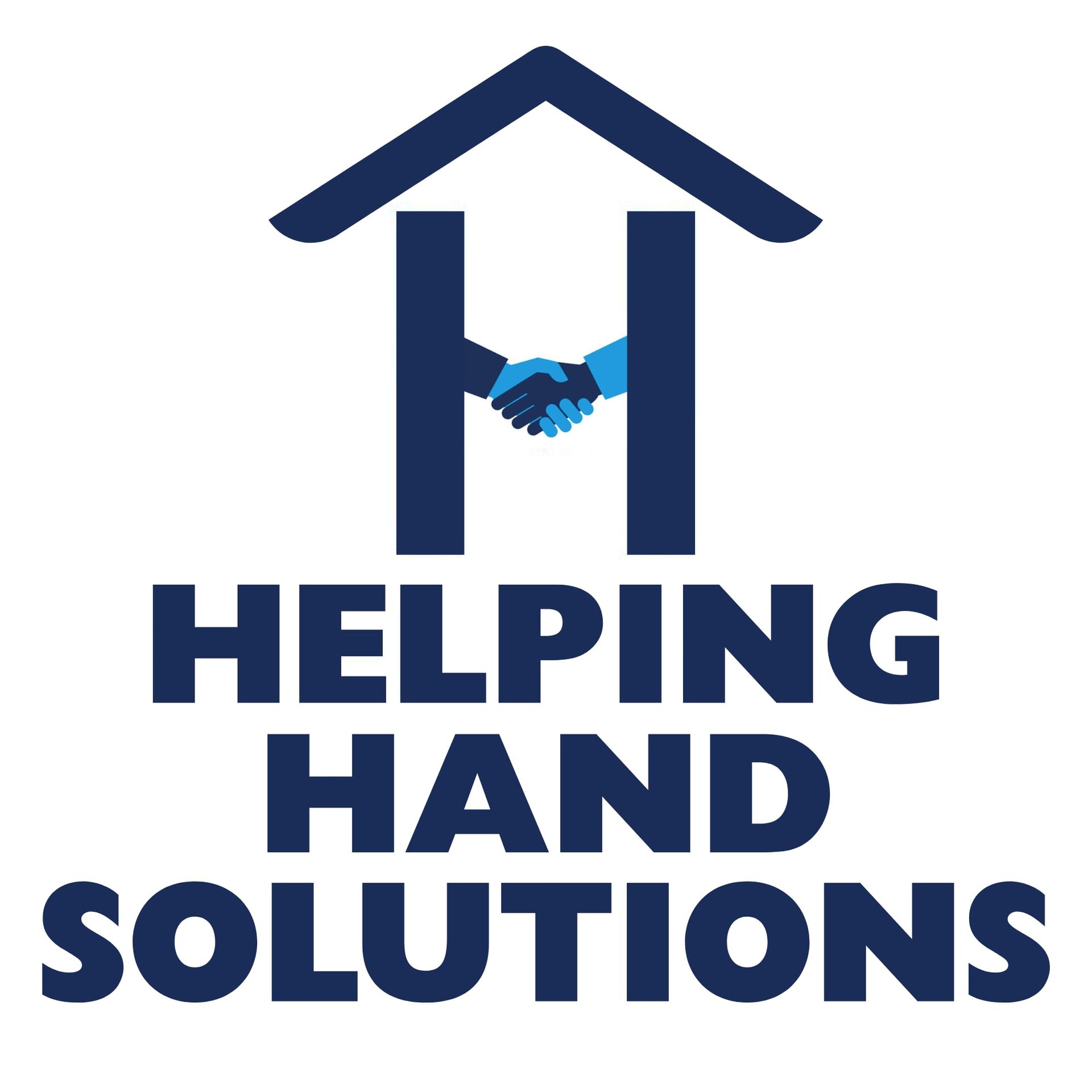 A dark blue logo with a house roof shape, incorporating two arms shaking hands in the center, above the text "HELPING HAND".