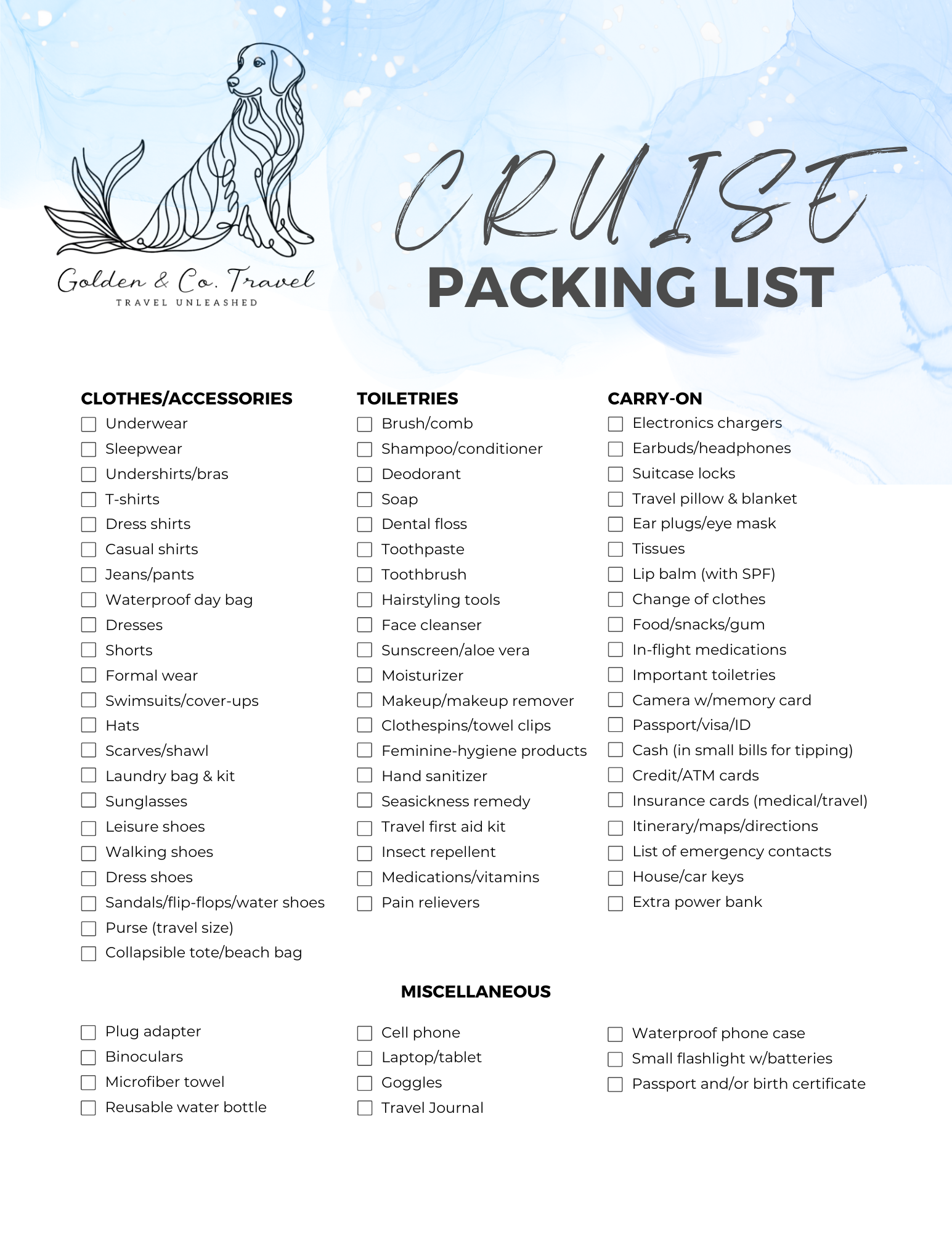 A checklist for packing for a cruise, email Anthony@gcotravel.com for a pdf version