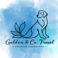 Golden & Co. Travel logo with a line-art dog, leafy branch, and blue watercolor background