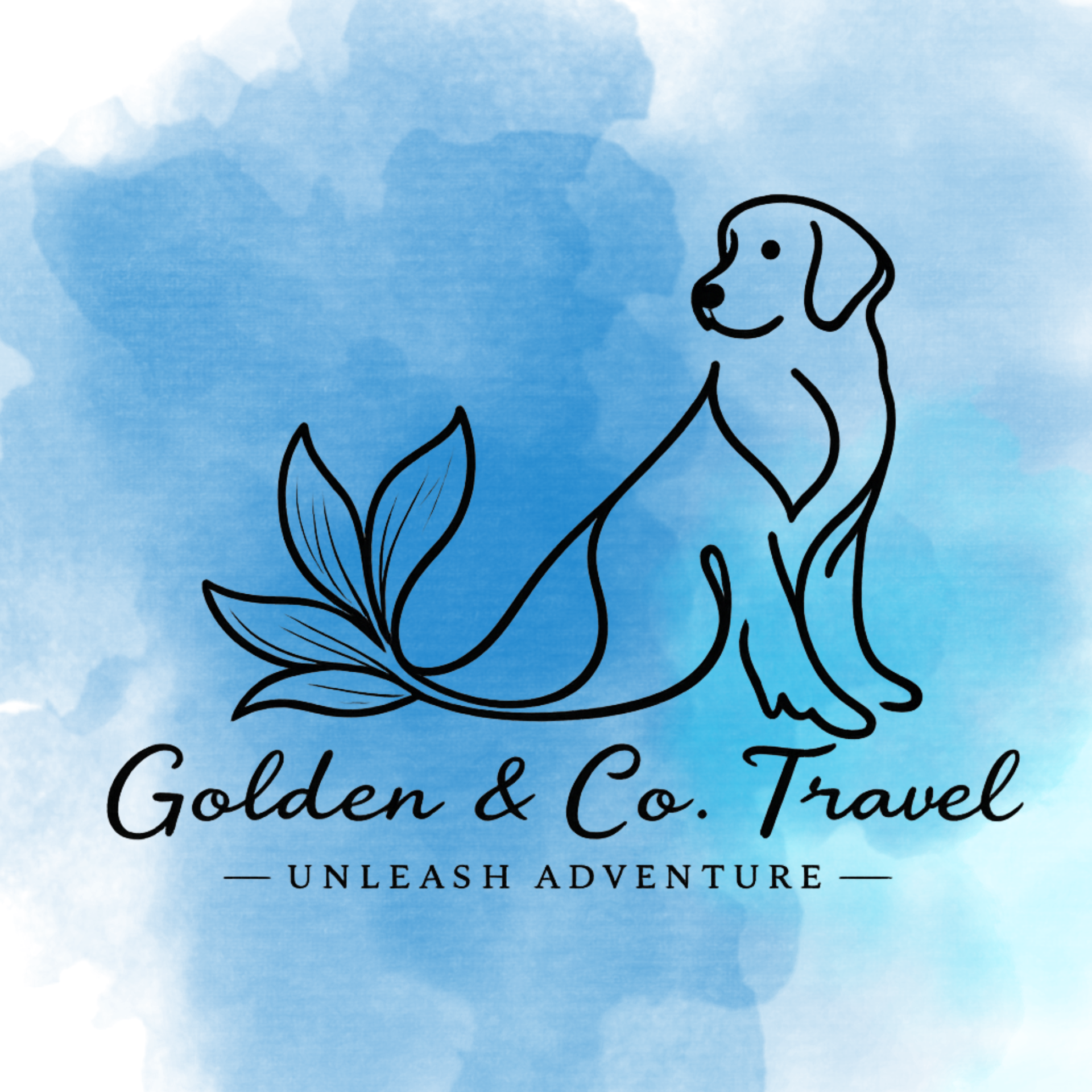 Blue watercolor logo with a line-art dog beside leaves and the text &ldquo;Golden & Co. Travel&rdquo; and &ldquo;Unleash Adventure&rdquo;