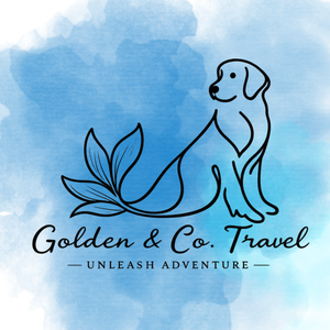 Blue watercolor logo with a line-art dog beside leaves and the text &ldquo;Golden & Co. Travel&rdquo; and &ldquo;Unleash Adventure&rdquo;