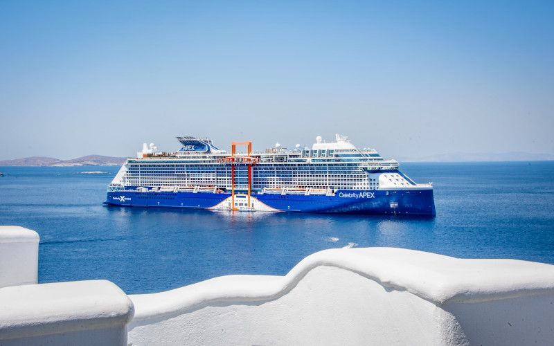 Blue cruise ship in the ocean on a sunny day. White buildings in foreground.