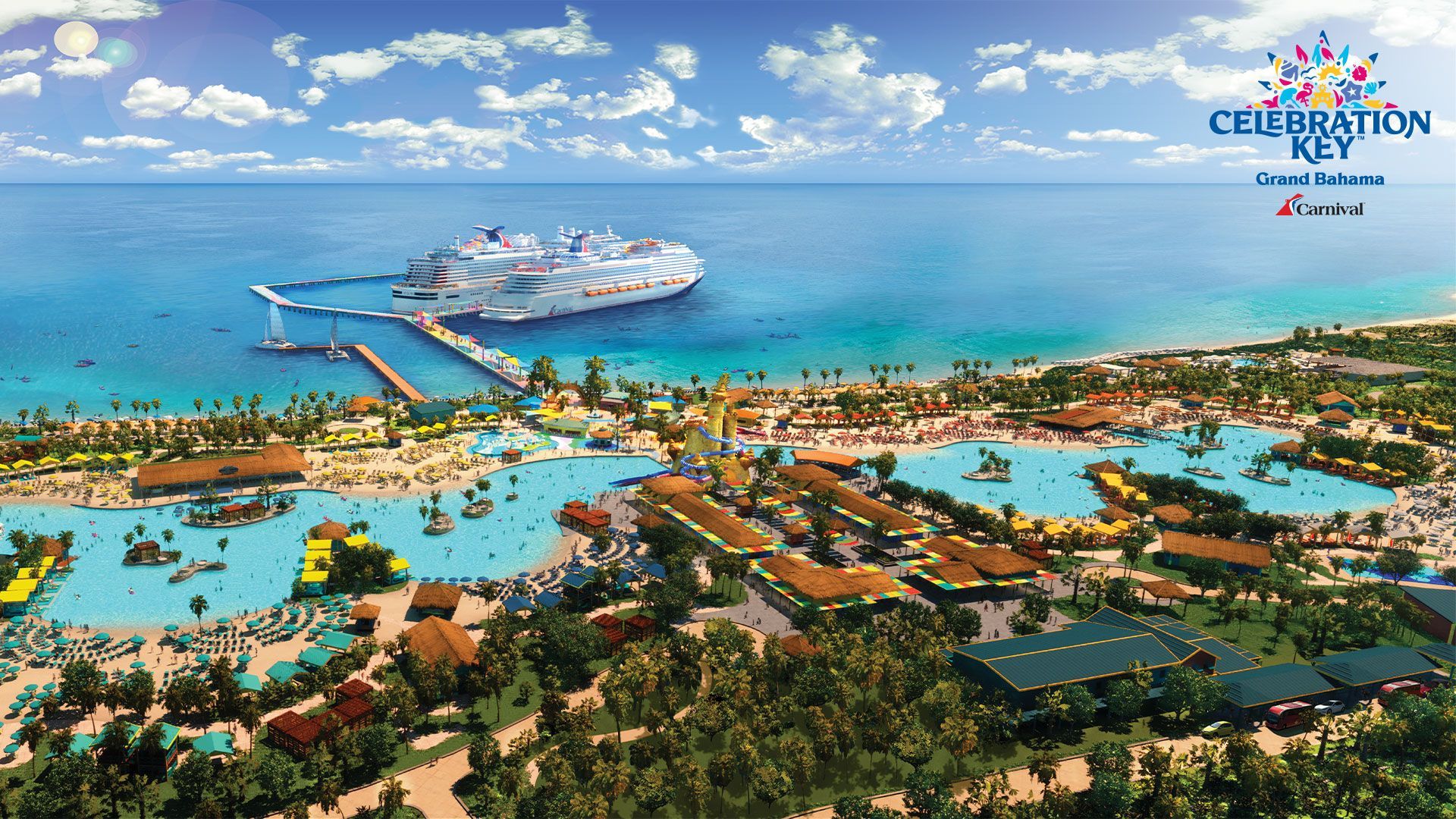 Aerial view of Celebration Key cruise port, with cruise ship docked, beach, and turquoise water.