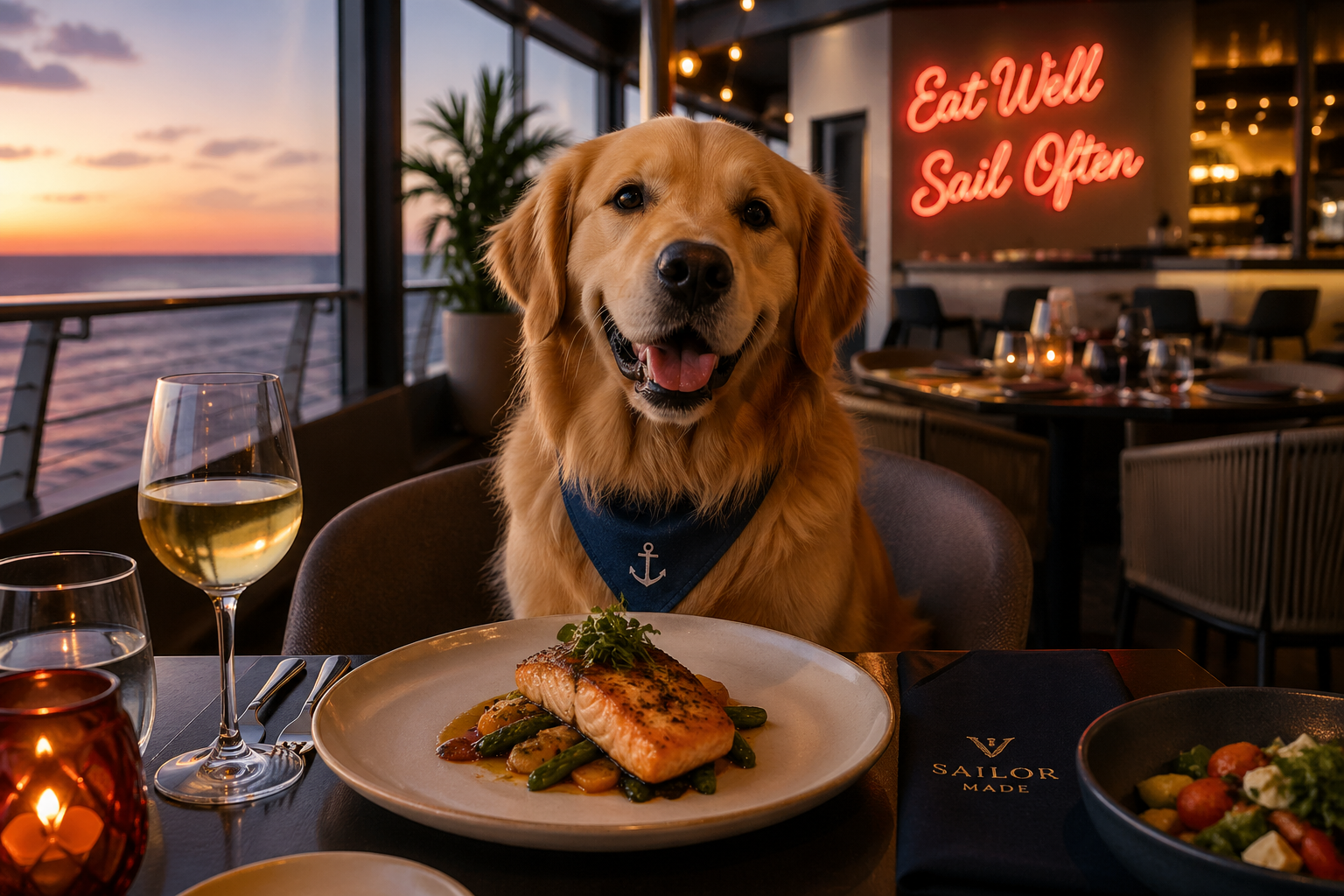 Golden retriever at a sunset restaurant table with a plated salmon meal and a neon “Eat Well Sail Often” sign.