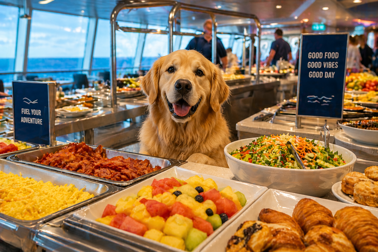 Golden retriever at a seaside restaurant with plated salmon and a neon sign reading “Eat Well, Sail Often”
