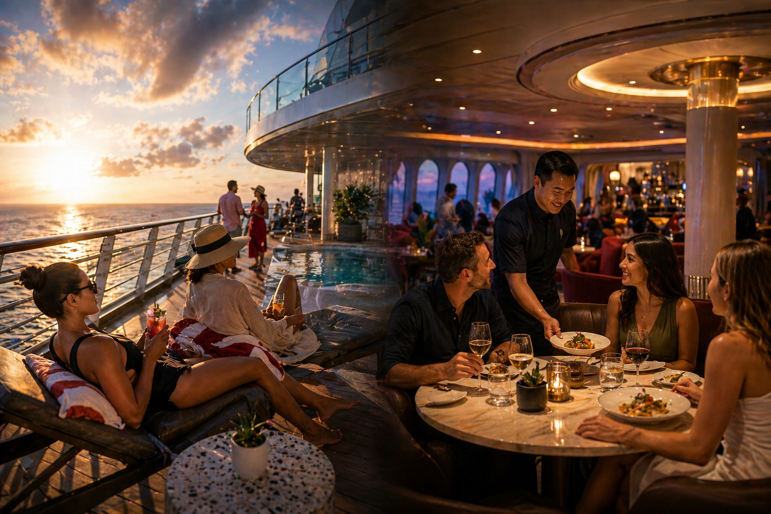 People dining and lounging on a sunset yacht deck with ocean views and warm lights