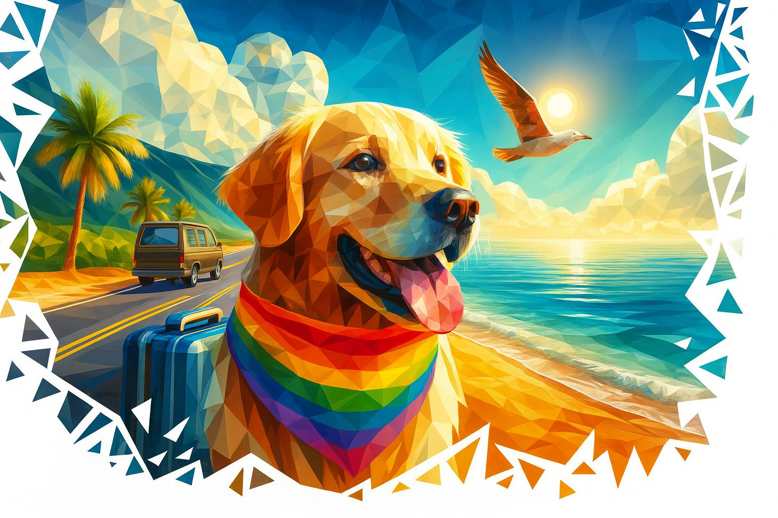 Golden retriever wearing rainbow bandana, by the beach, smiling with sunset and a gull.