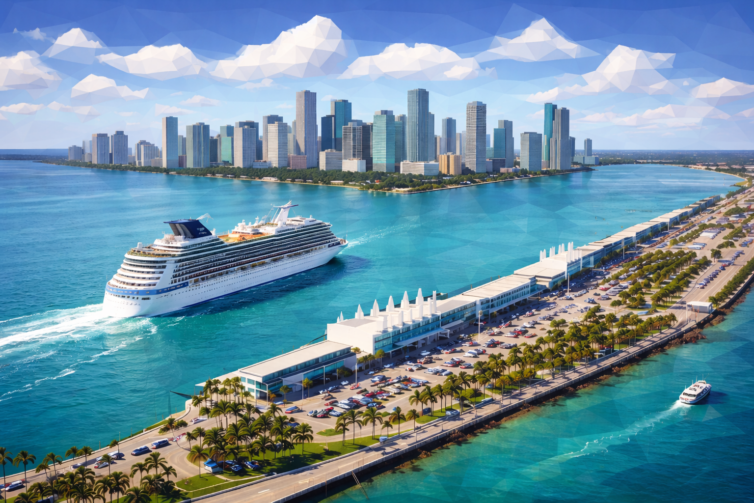 Cruise ship sailing past a pier towards a city skyline on a sunny day.