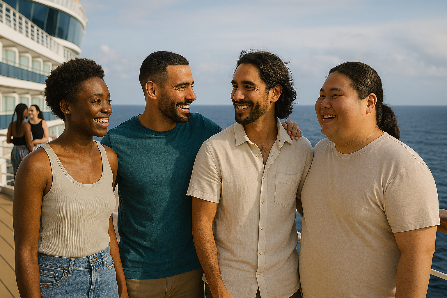 Four diverse friends smile happily on the deck of a cruise ship with the ocean in the background, enjoying their vacation.
