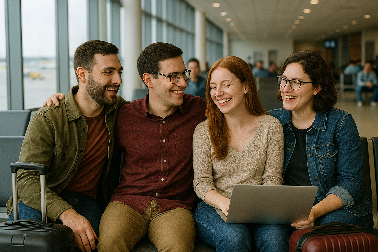 Four close friends—two same-sex couples—sit together in a bright airport lounge, laughing and leaning into one another with carry-on bags at their feet, relaxed and excited for their upcoming trip.
