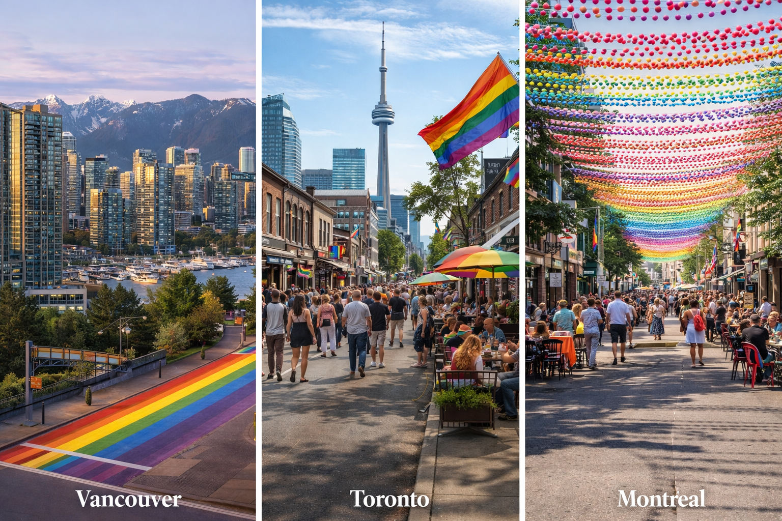 Three photos: Vancouver skyline with rainbow crosswalk, Toronto street with Pride flag, Montreal street with rainbow decorations.