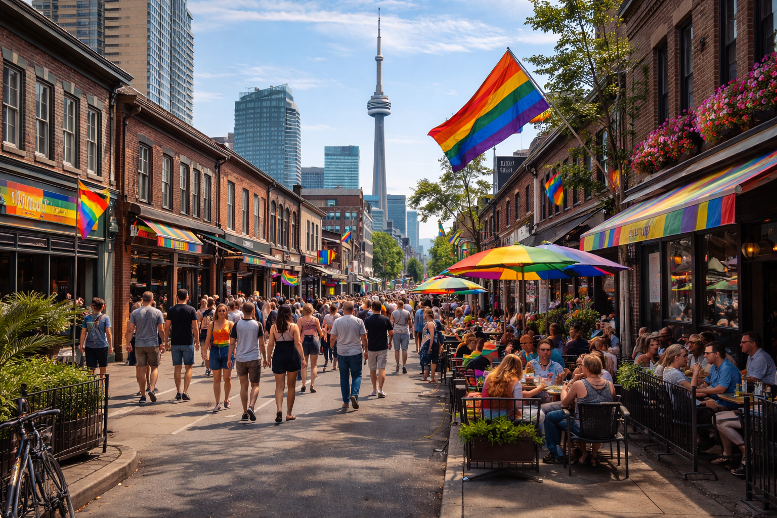 A busy street with rainbow flags, outdoor dining, and people walking, with the CN Tower in the background.