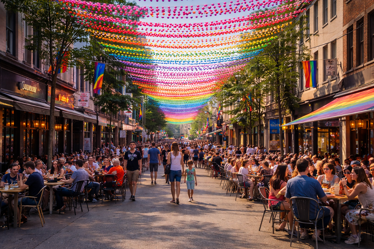 Street lined with restaurants, filled with people, decorated with rainbow garlands.