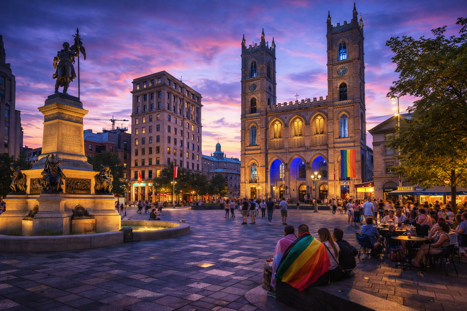 Monument and church lit at dusk in Montreal, people sitting with rainbow flag, purple and orange sky.