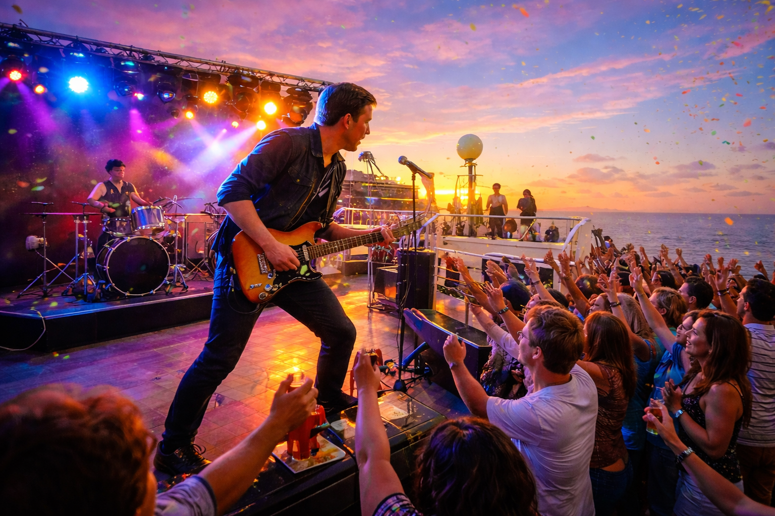 A music themed cruise party on a cruise ship pool deck
