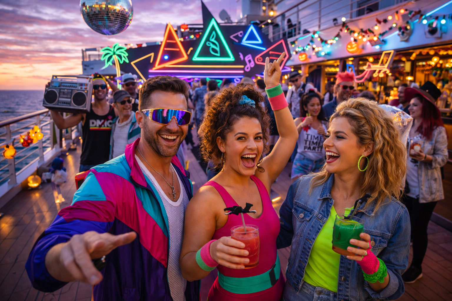 80s themed cruise party on a cruise ship pool deck
