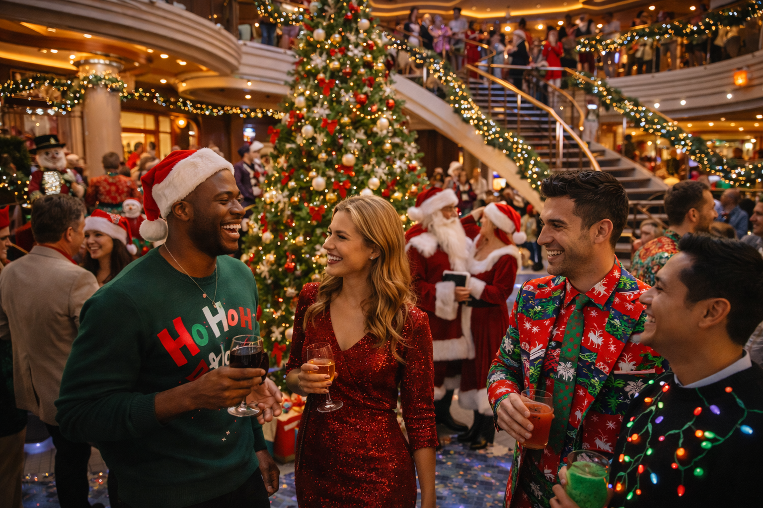 People in christmas themed clothing standing in an atrium of a ship with drinks while talking and christmas decorations are hung