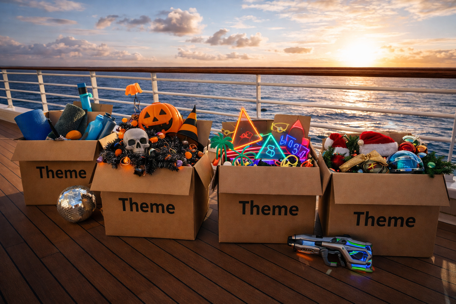 Cardboard boxes filled with themed decorations on a ship deck with ocean backdrop at sunset.