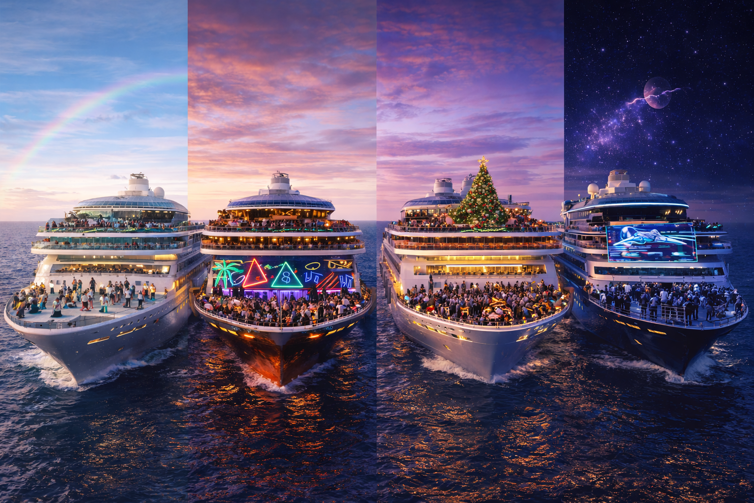Four themed cruise ships docked side by side at sunset