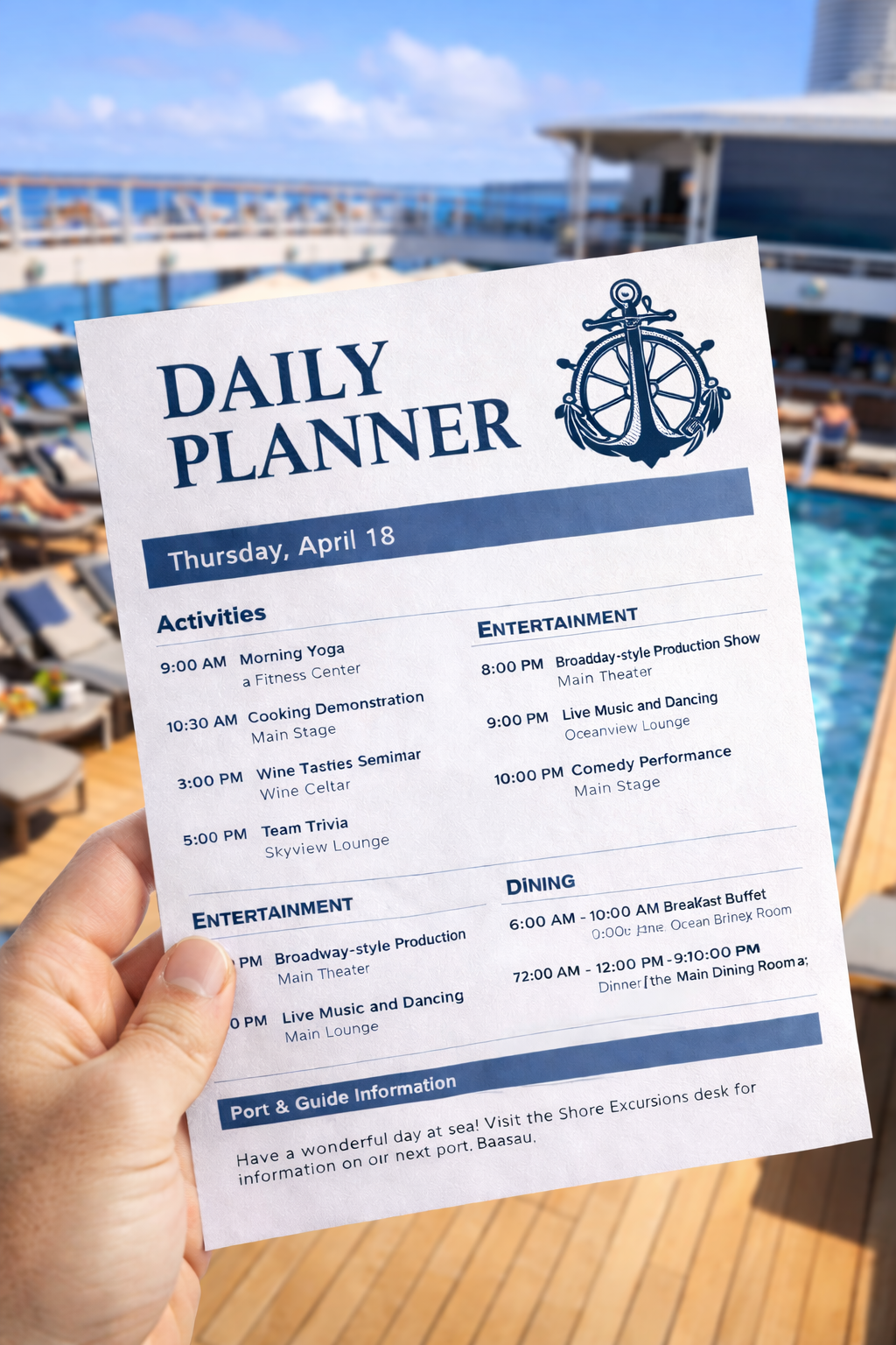 Hand holding a cruise ship daily planner on deck, overlooking a pool and ocean.