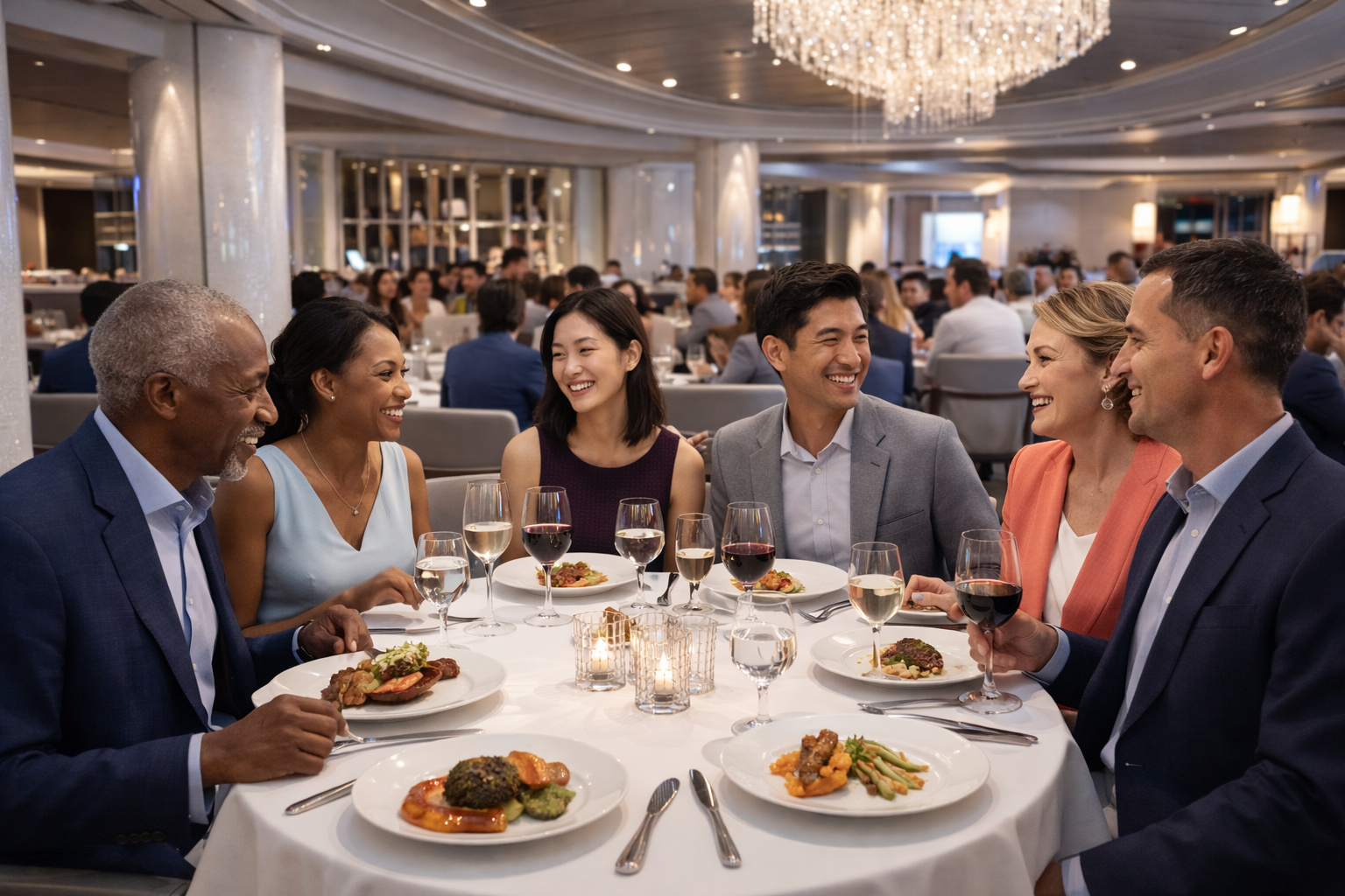 Group of people dining at a formal, round table in a well-lit restaurant, with food, wine, and candles.