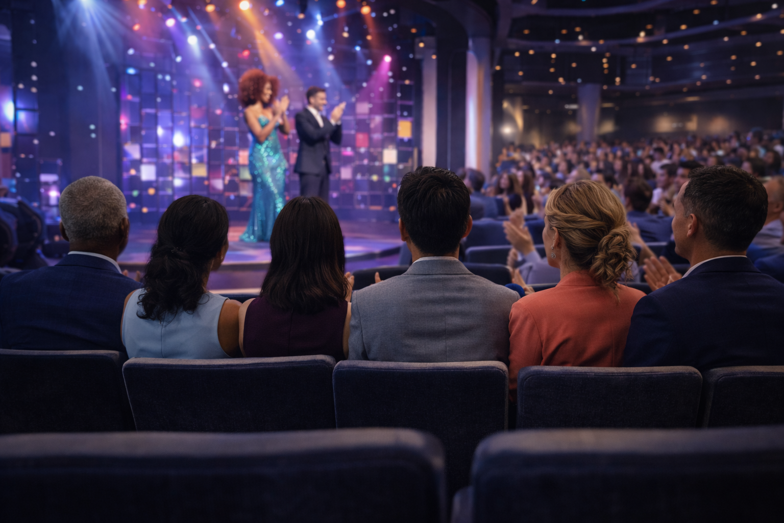 People applaud at a theater performance. Performers on stage, audience seated in rows. Stage lit with colorful lights.