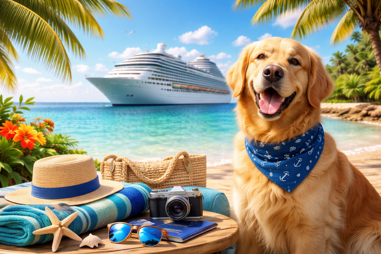 A golden retriever on a beach with accessories with a cruise ship in the background