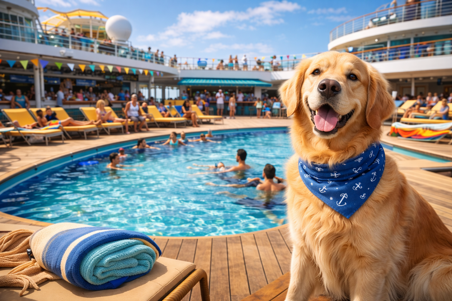 Golden retriever dog wearing a blue bandana, sitting by a cruise ship pool, smiling.