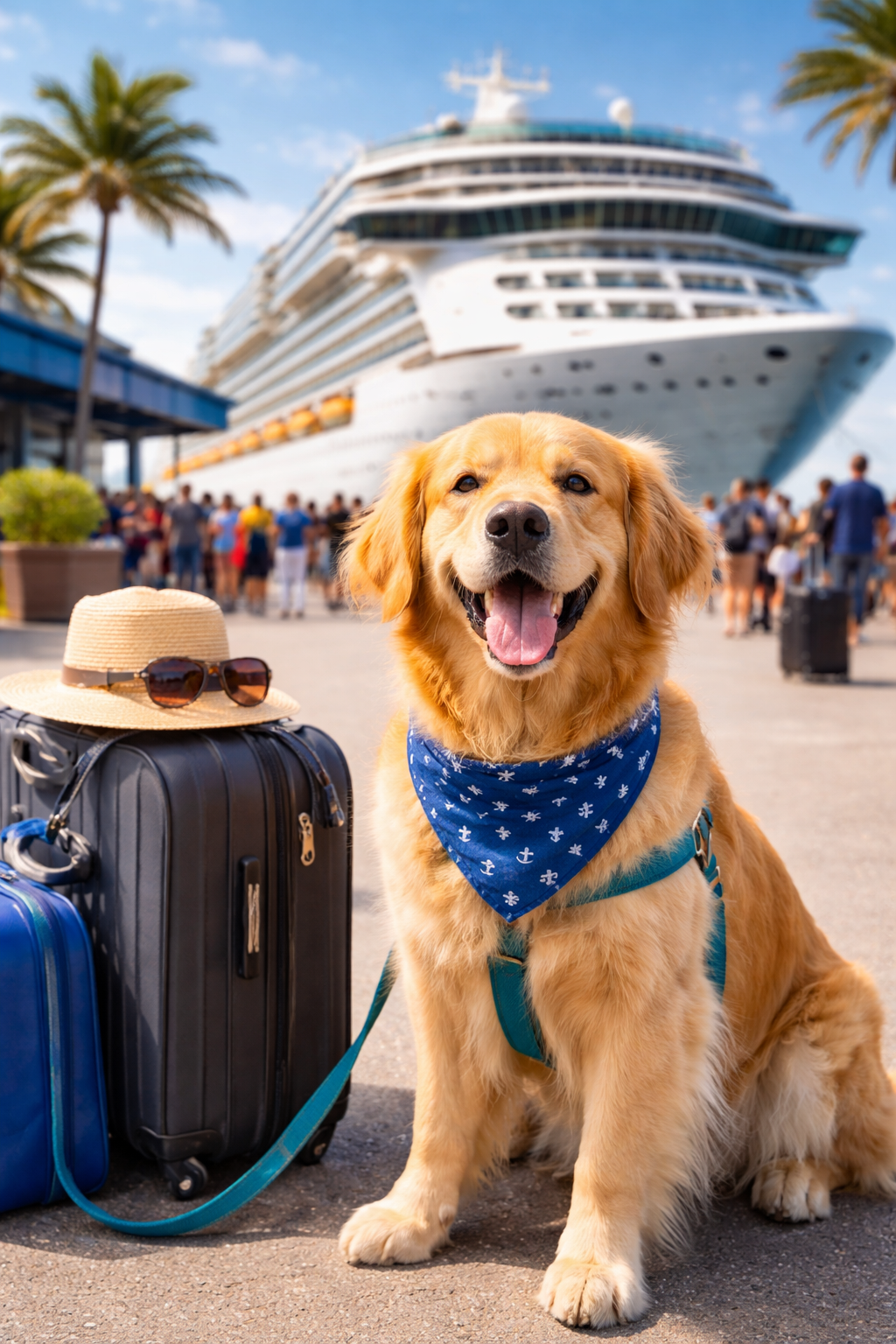 Golden retriever at cruise embarkation day sitting by luggage with a large cruise ship behind.