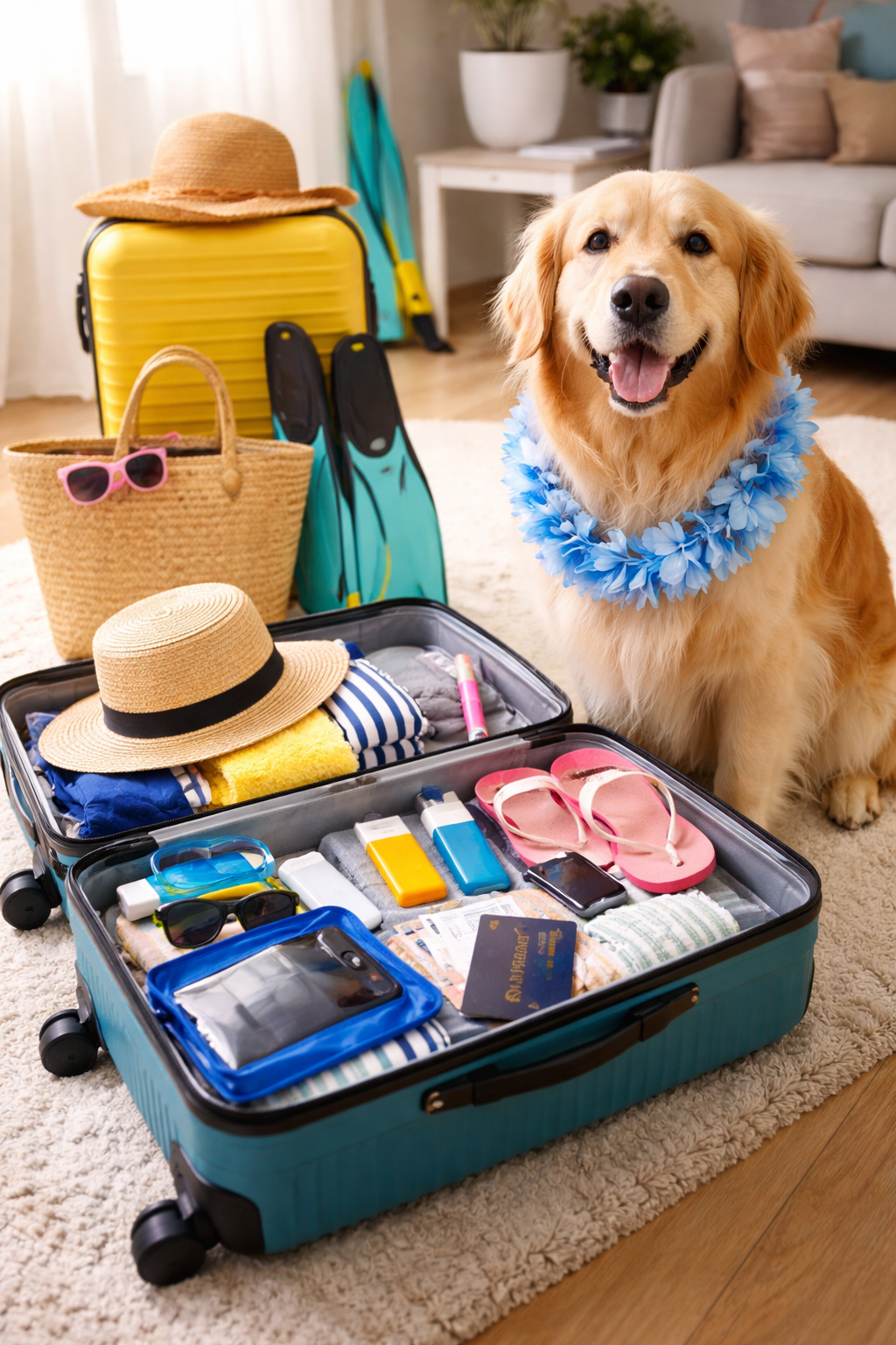A golden retriever sits beside an open carry-on packed with cruise essentials like flip-flops, sunscreen, sunglasses, and travel documents, with additional luggage nearby