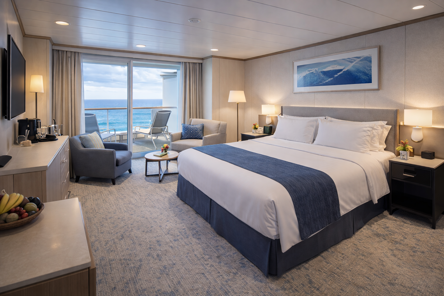A bright cruise ship suite with ocean view balcony, king-size bed, seating area, and neutral decor.
