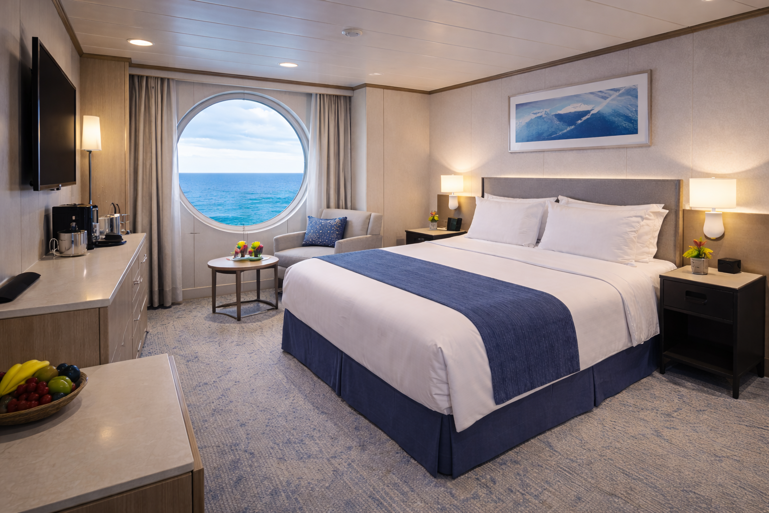 Cruise ship stateroom with a bed, porthole window with sea view, and furniture.