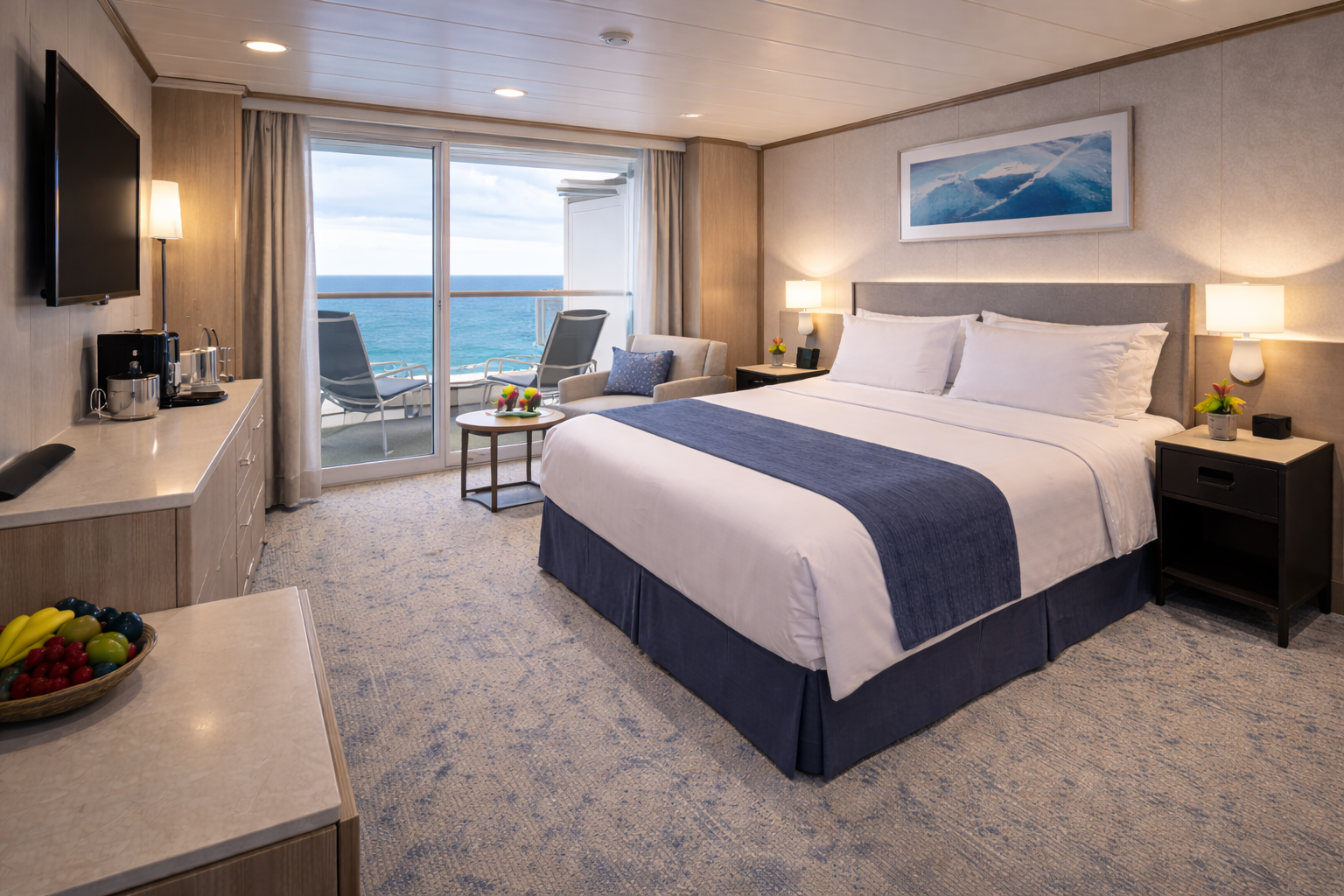 A bright cruise ship cabin with a bed, balcony, and ocean view.
