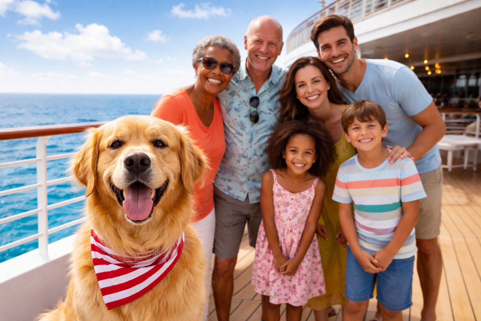 Golden retriever with red bandana posing on a cruise ship deck with a smiling multigenerational family and ocean view in the background