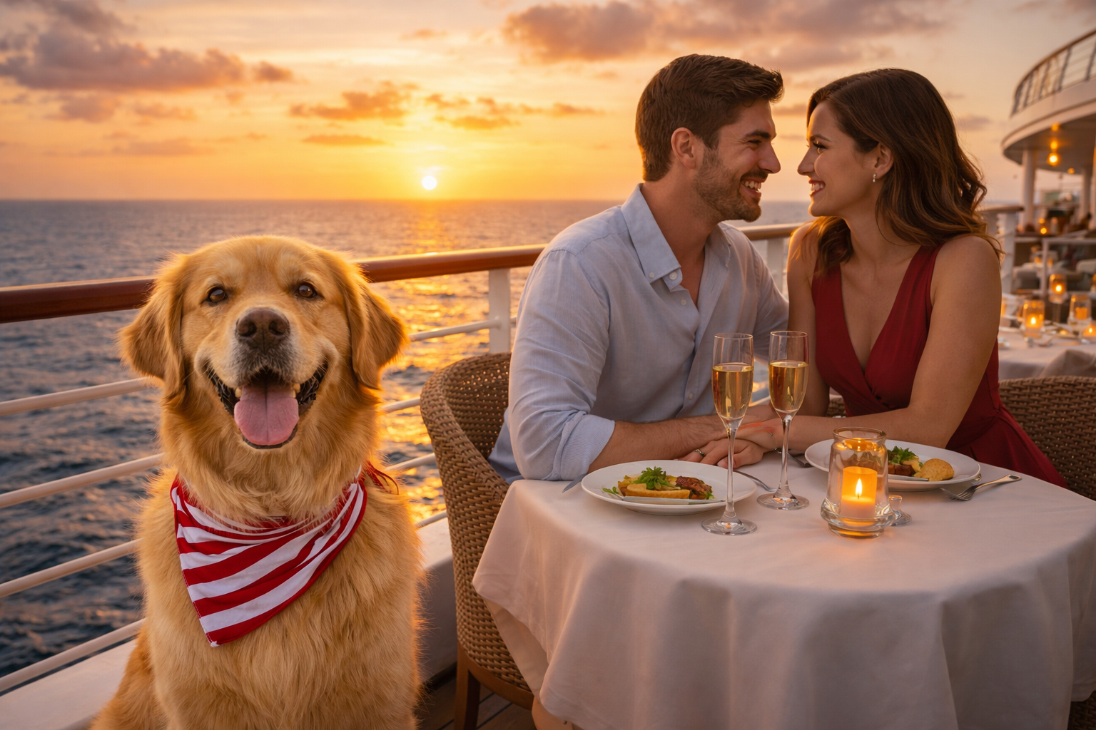 Couple enjoying candlelit dinner on cruise ship at sunset with champagne, while a golden retriever in a bandana sits beside them overlooking the ocean