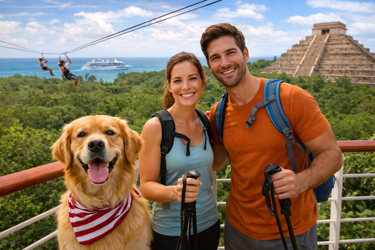 Couple with hiking gear and golden retriever on cruise excursion overlooking jungle, zipline riders, Mayan pyramid, and ocean with ship in background
